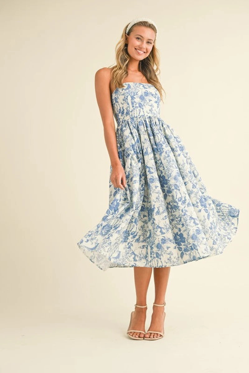 Blue Printed Strapless Dress