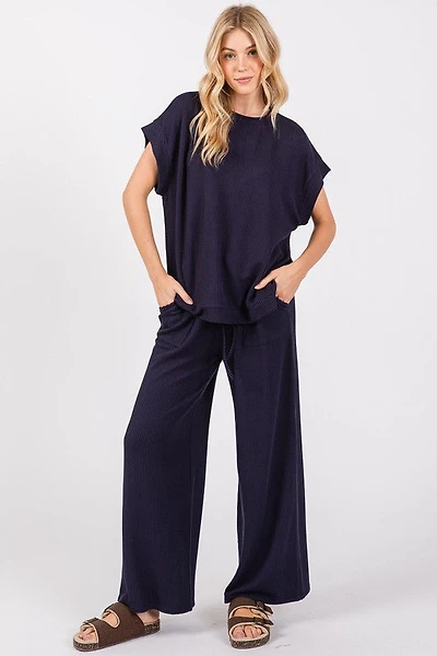 Navy Ribbed Top & Pant Set