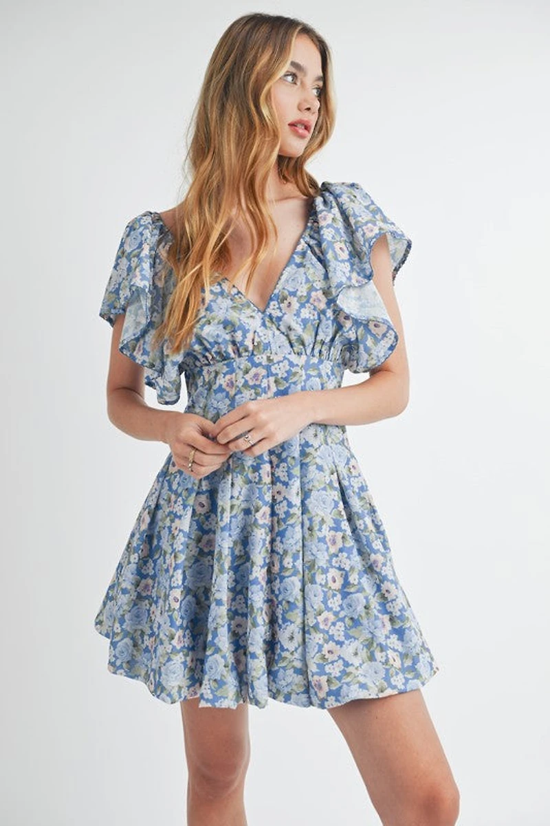 Blue Floral Flutter Sleeve Mini Dress