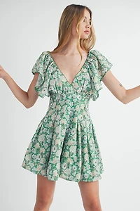 Green Floral Flutter Sleeve Mini Dress