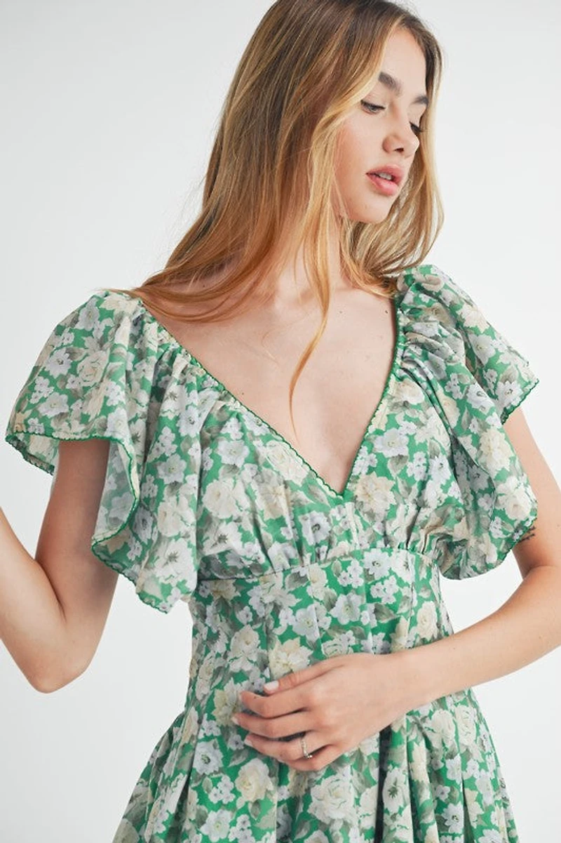 Green Floral Flutter Sleeve Mini Dress