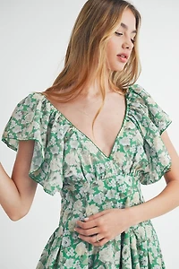 Green Floral Flutter Sleeve Mini Dress