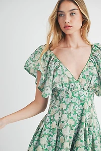 Green Floral Flutter Sleeve Mini Dress