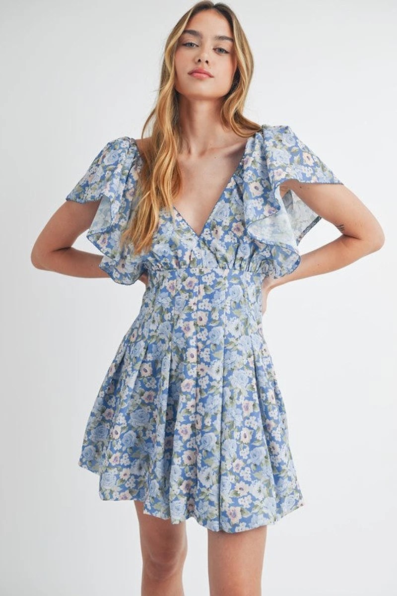 Blue Floral Flutter Sleeve Mini Dress