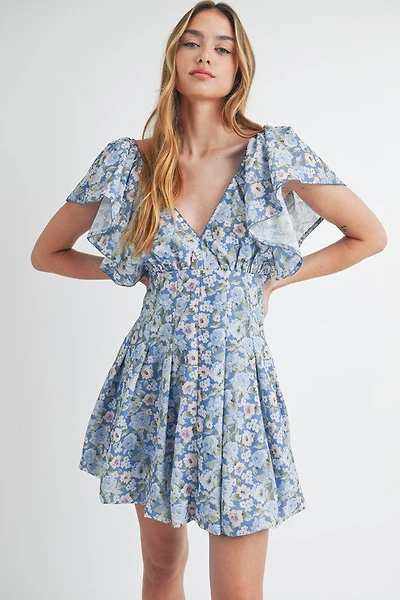 Blue Floral Flutter Sleeve Mini Dress