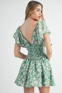 Green Floral Flutter Sleeve Mini Dress