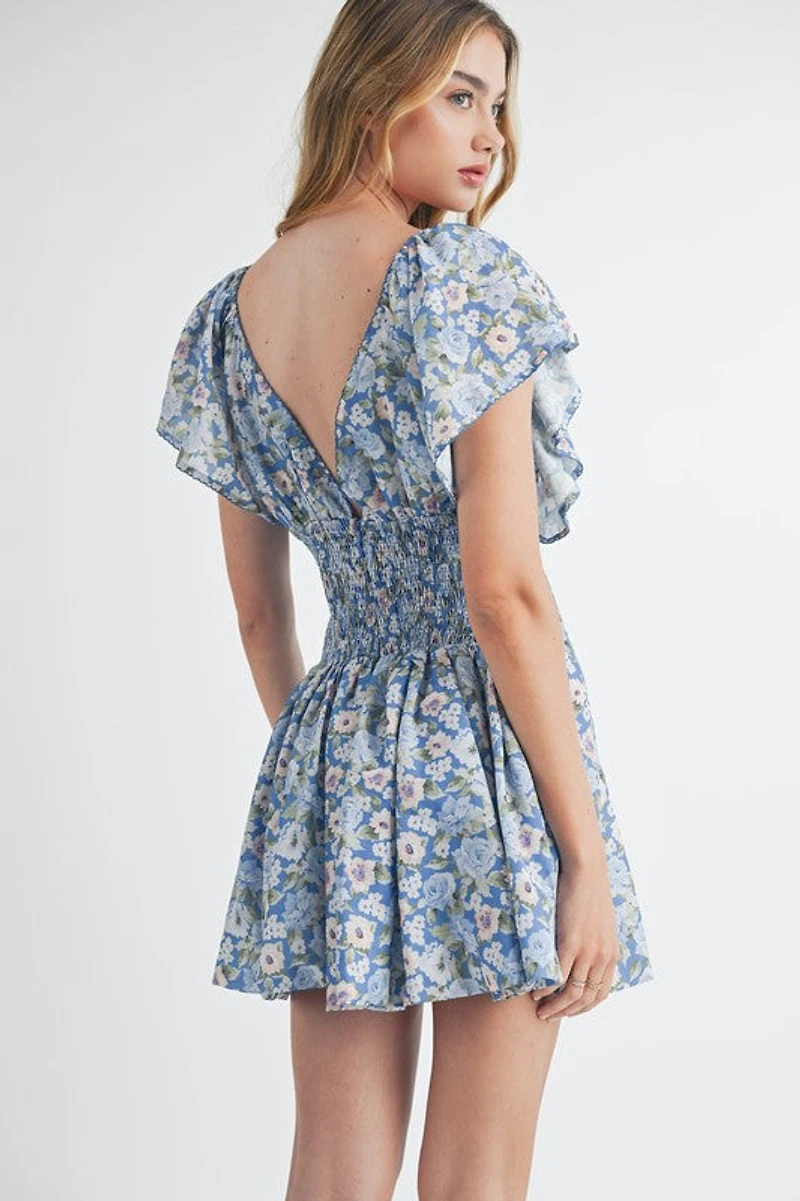 Blue Floral Flutter Sleeve Mini Dress