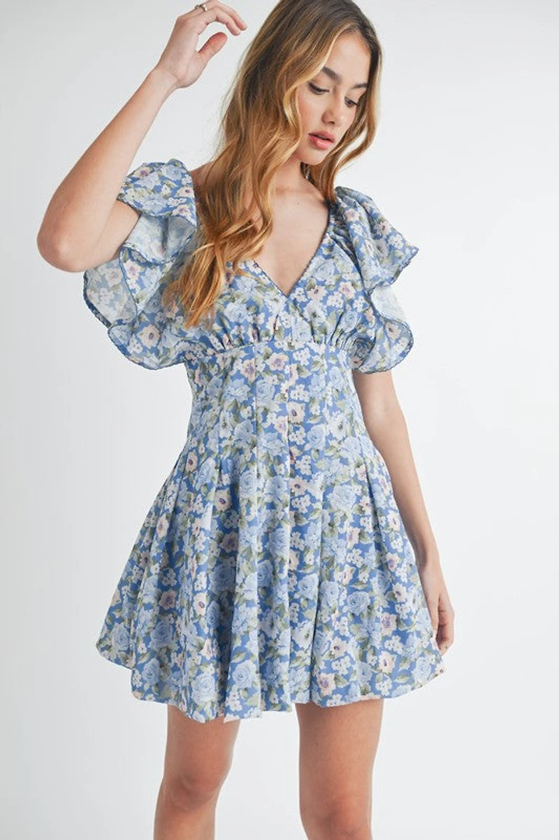 Blue Floral Flutter Sleeve Mini Dress