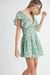Green Floral Flutter Sleeve Mini Dress