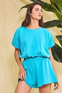 Blue Bubble Hem Terry Crop Top