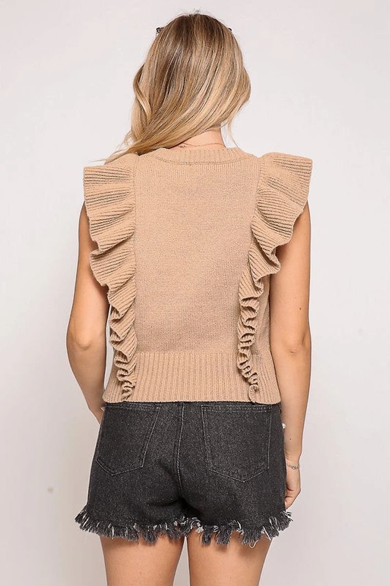 Beige Ruffle Sleeve Cable Knit Sweater