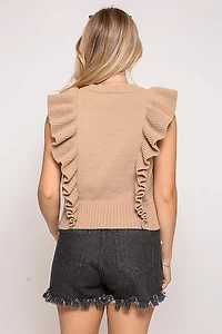 Beige Ruffle Sleeve Cable Knit Sweater