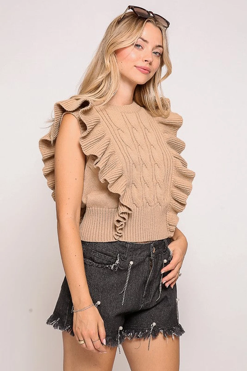 Beige Ruffle Sleeve Cable Knit Sweater