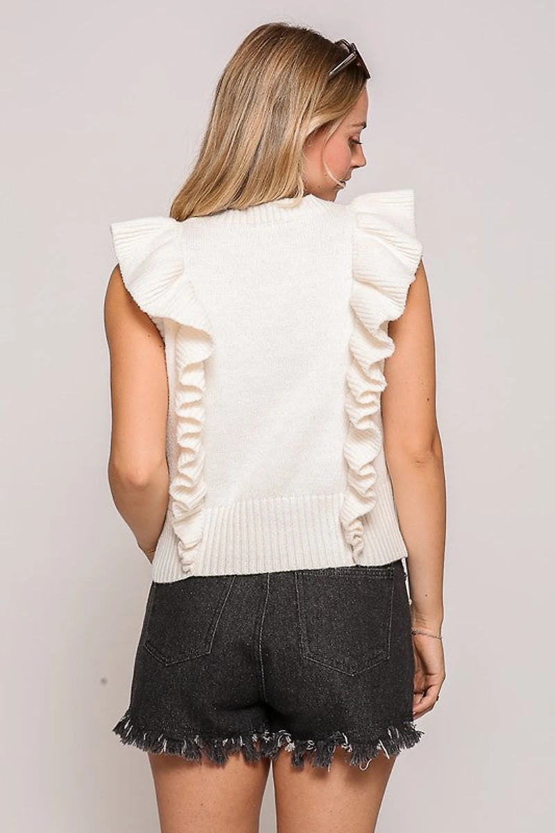 Ivory Ruffle Sleeve Cable Knit Sweater