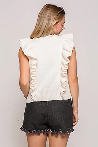 Ivory Ruffle Sleeve Cable Knit Sweater