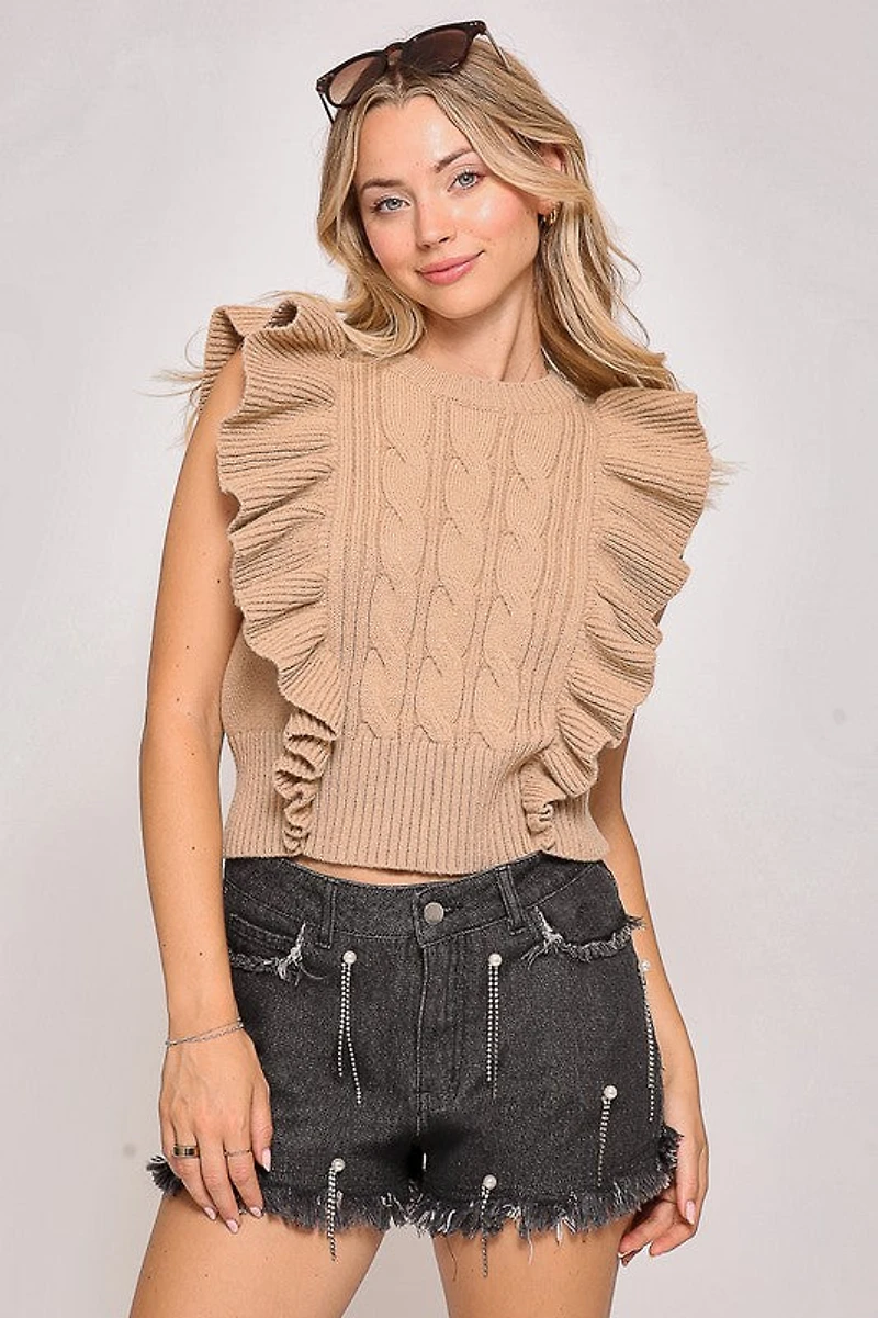 Beige Ruffle Sleeve Cable Knit Sweater