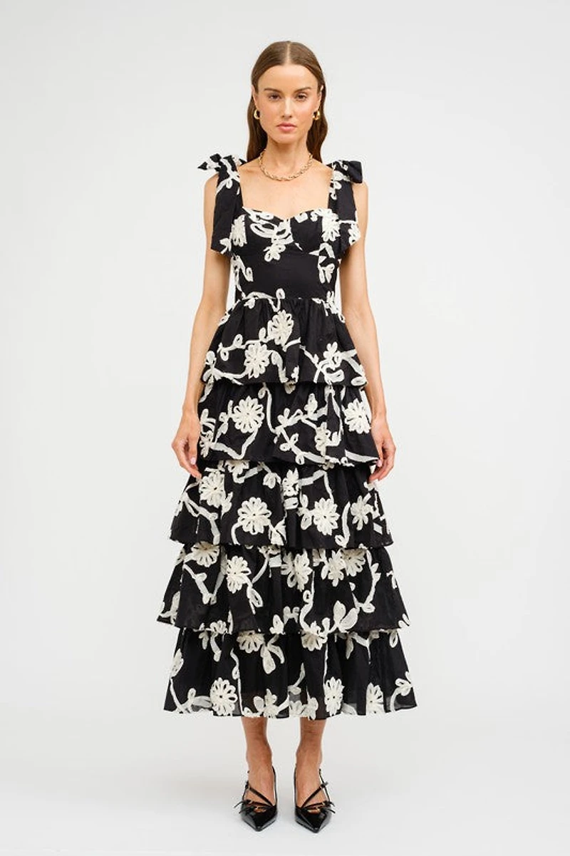 Black Floral Embroidered Midi Dress