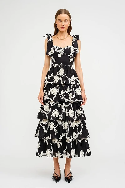 Black Floral Embroidered Midi Dress