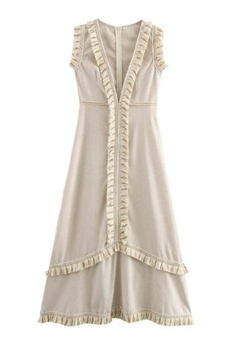 Beige Sleeveless Deep V-Neck Dress