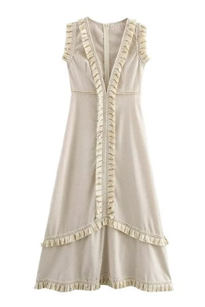 Beige Sleeveless Deep V-Neck Dress