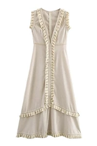 Beige Sleeveless Deep V-Neck Dress