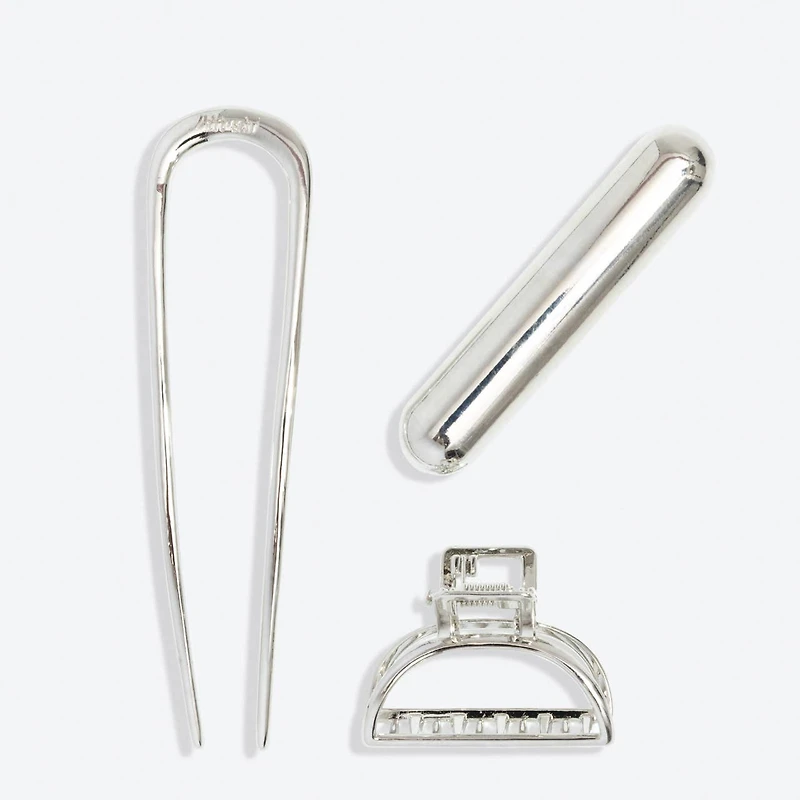 Mini Metal French Hair Pin & Clips 3pc Set - Silver