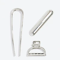 Mini Metal French Hair Pin & Clips 3pc Set - Silver
