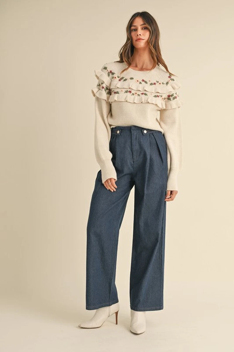 Dark Denim Pleated Wide Leg Pants