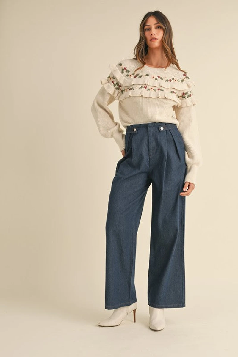 Dark Denim Pleated Wide Leg Pants