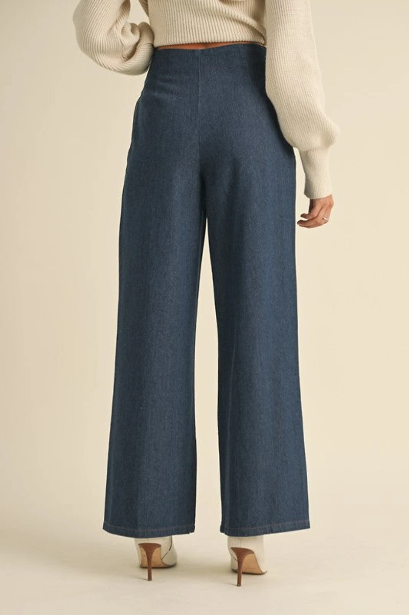 Dark Denim Pleated Wide Leg Pants