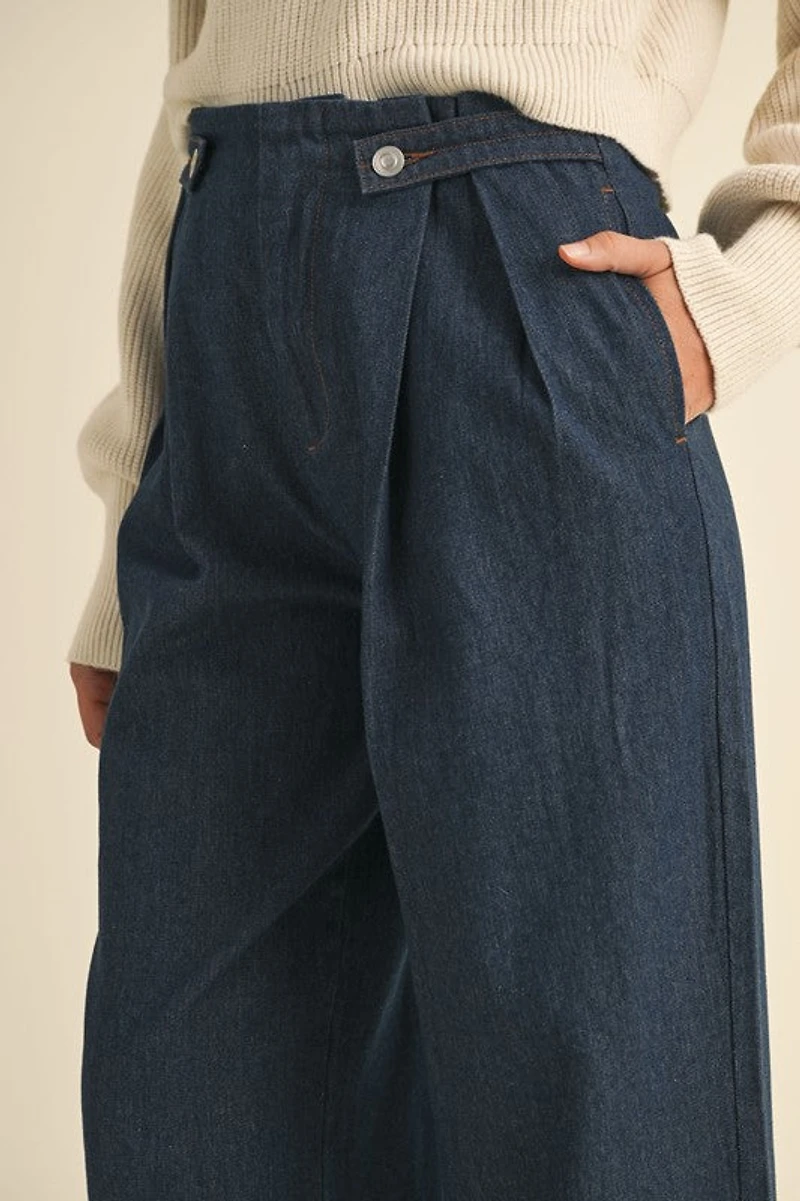 Dark Denim Pleated Wide Leg Pants
