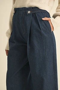 Dark Denim Pleated Wide Leg Pants