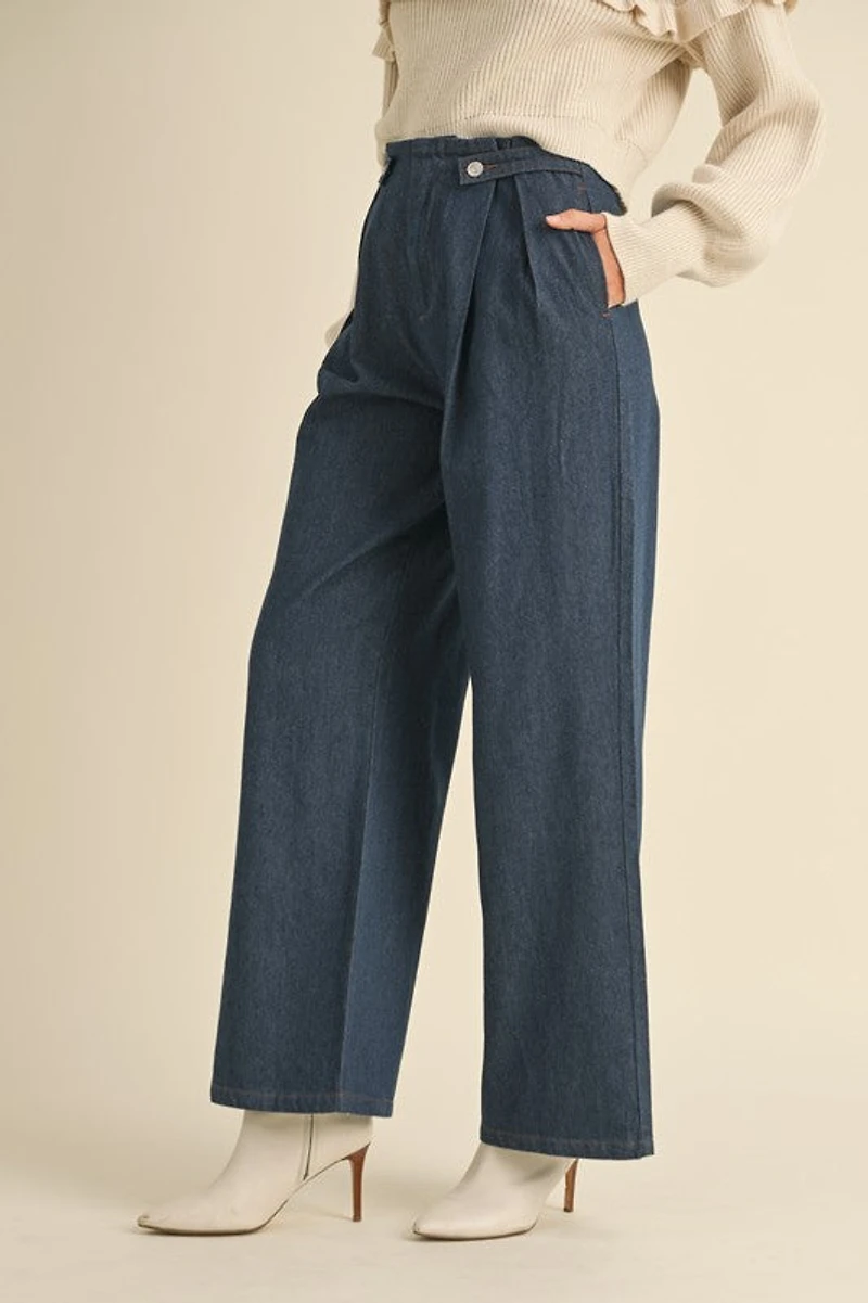 Dark Denim Pleated Wide Leg Pants