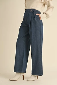 Dark Denim Pleated Wide Leg Pants