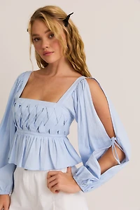 Blue Long Sleeve Square Neck Detail Top