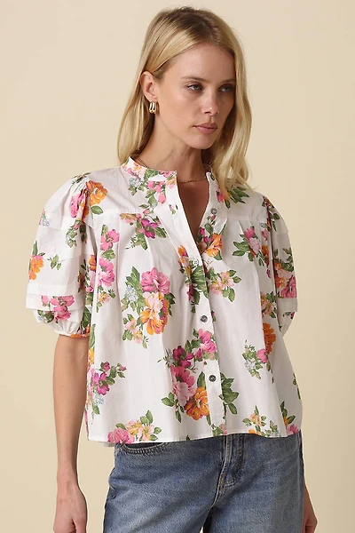 White Floral Puff Sleeve Blouse