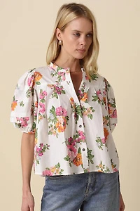 White Floral Puff Sleeve Blouse