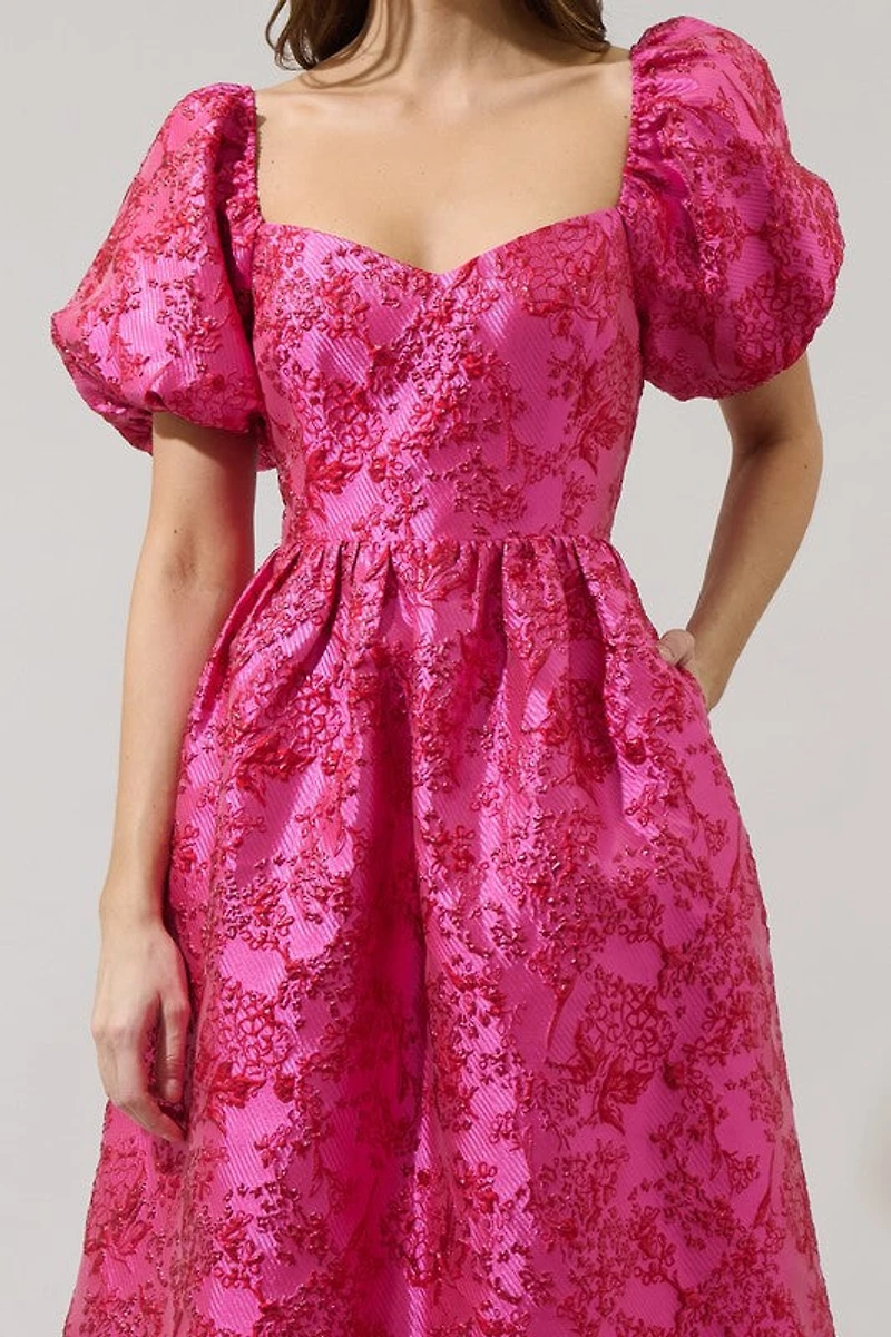 Pink Jacquard Puff Sleeve Midi Dress