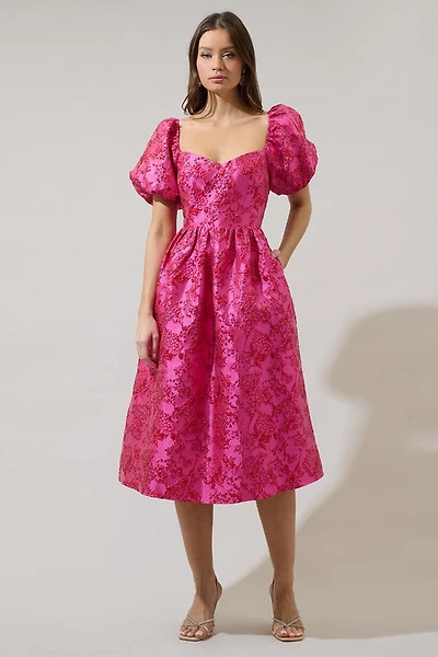 Pink Jacquard Puff Sleeve Midi Dress