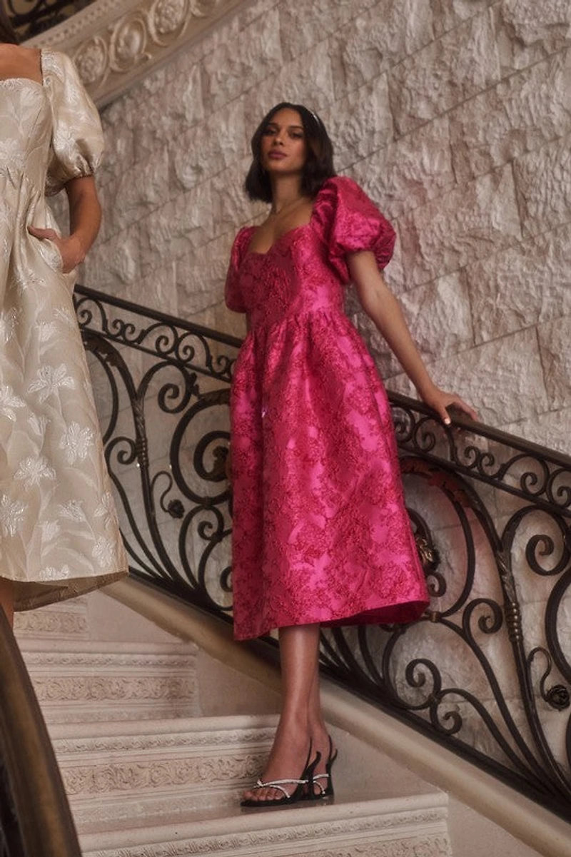 Pink Jacquard Puff Sleeve Midi Dress