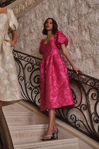 Pink Jacquard Puff Sleeve Midi Dress