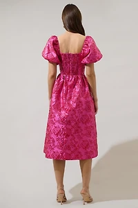 Pink Jacquard Puff Sleeve Midi Dress