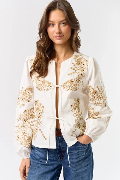 Floral Embroidered Front Tie Top