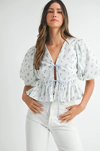 Blue Floral Bow Top