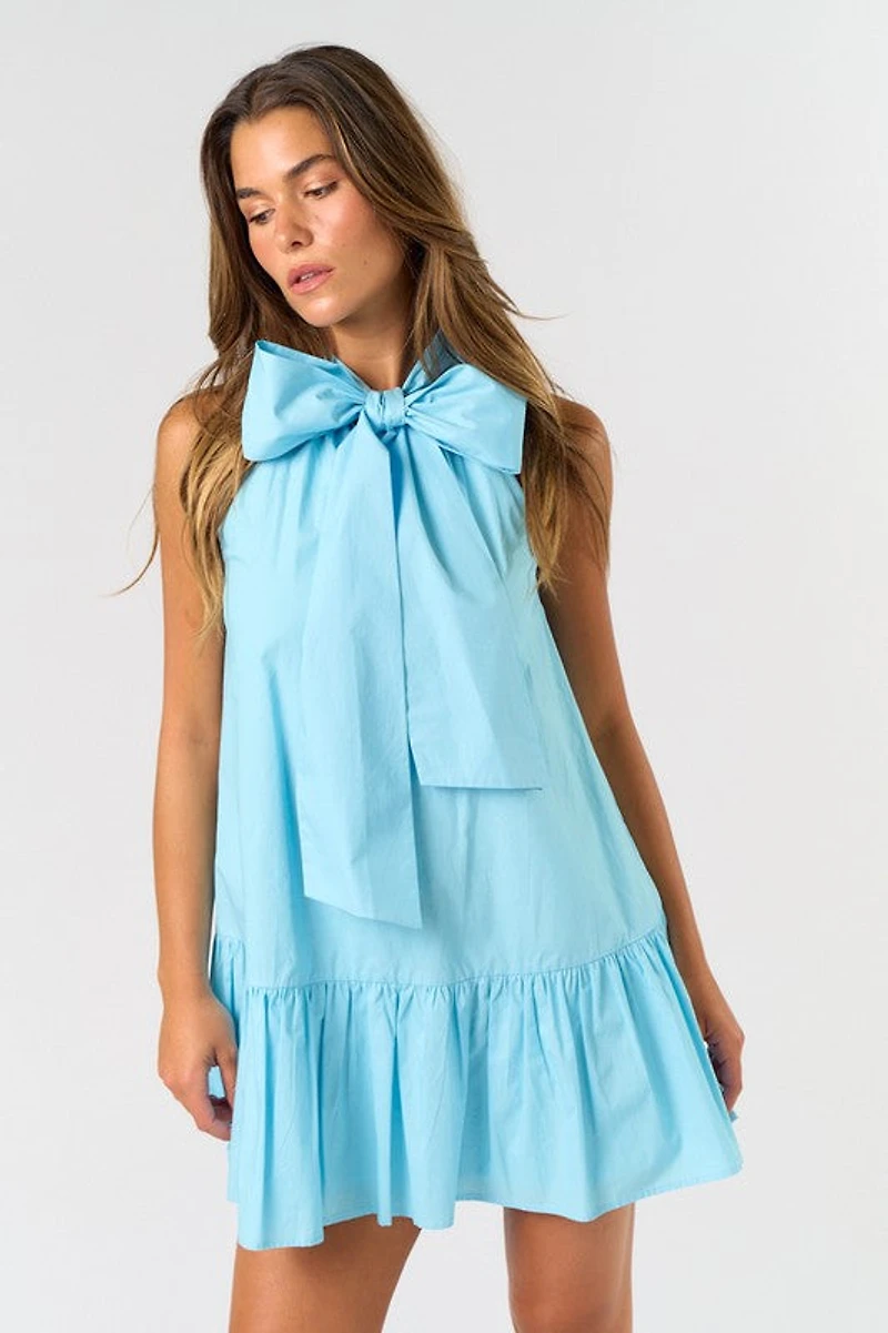 Light Blue Front Ribbon Mini Dress