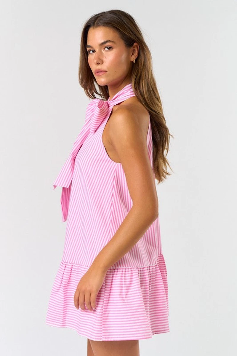 Pink Stripe Front Ribbon Mini Dress