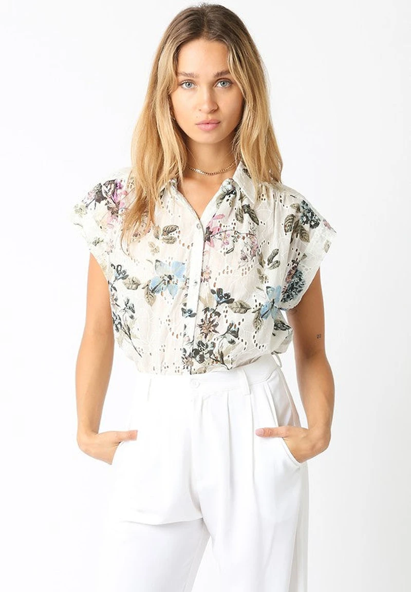 White Floral Button Down Top