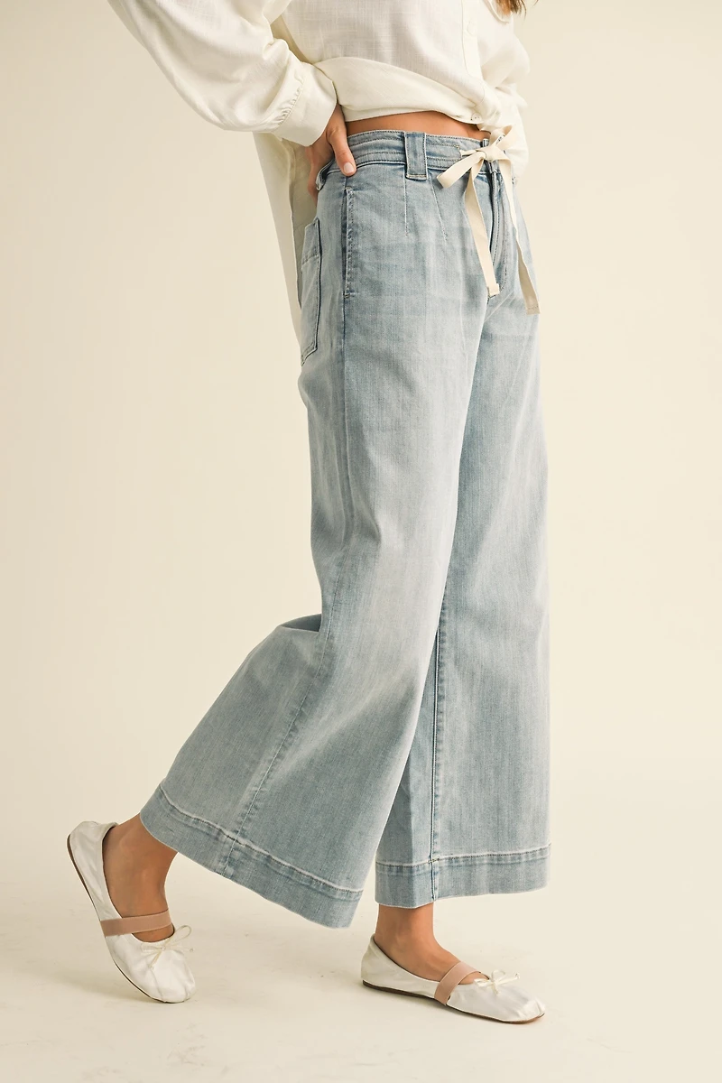 Washed Denim Front Tie Jean Pants
