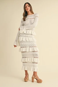Cream Crochet Ruffled Midi Dress