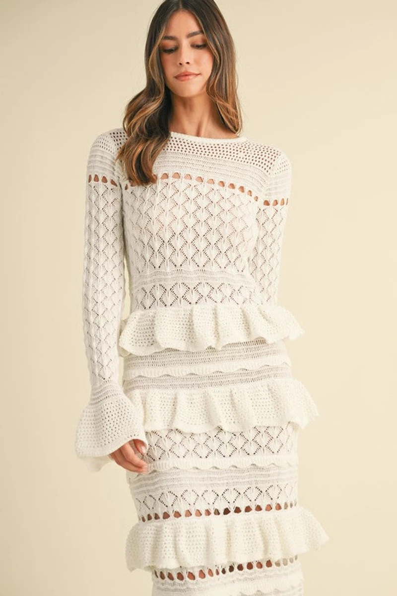 Cream Crochet Ruffled Midi Dress